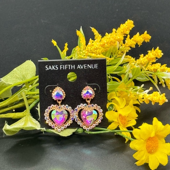 Elegant Saks Fifth Avenue AB Heart Crystal Post With Drop Crystal Heart Ear - Picture 9 of 9